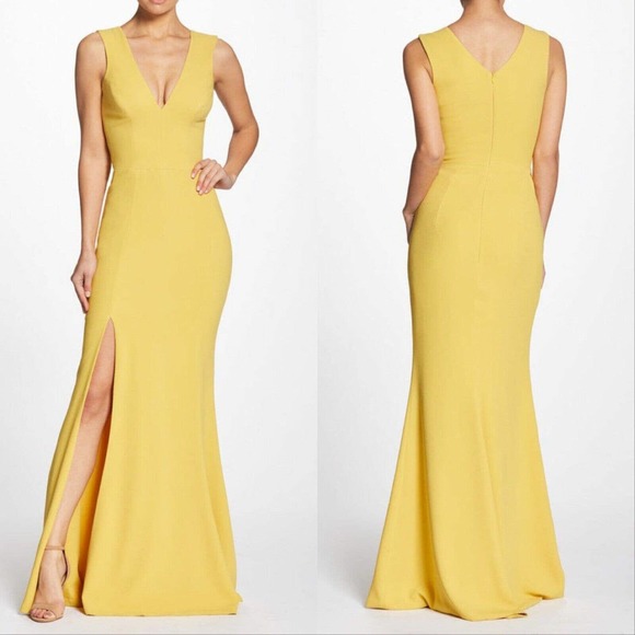 NEW Dress the Population Canary Yellow Sandra Crepe Mermaid Gown Maxi Dress - Picture 1 of 7